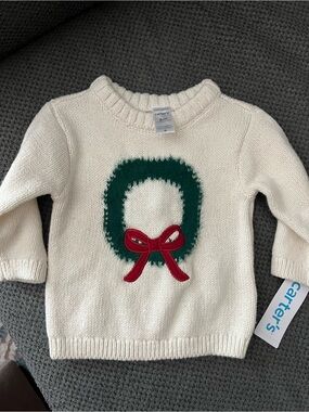 NWT Carter's Cream Baby Sweater with Green Wreath and Red Bow